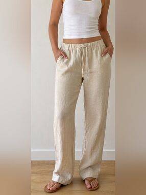 100% Italian Linen Elastic Drawstring Pants Sz. L
